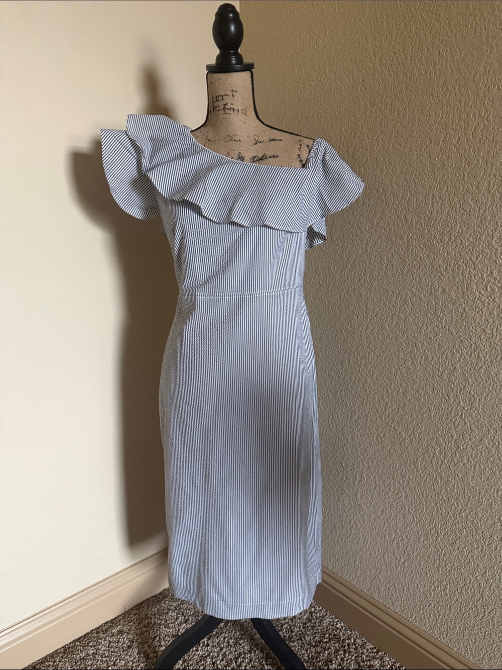 Banana Republic One-Shoulder Ruffle Sheath Dress in Light Blue Stripe